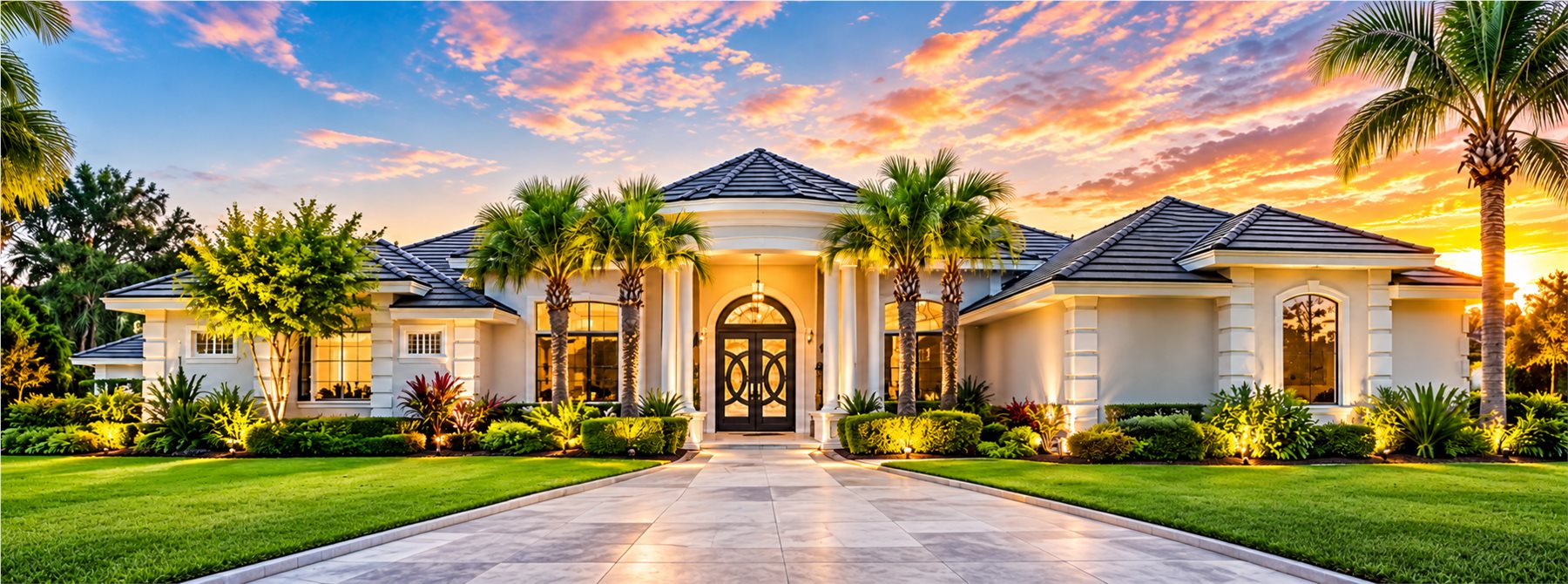 Freshly repainted luxury exterior home in Palm Coast, Florida at sunset