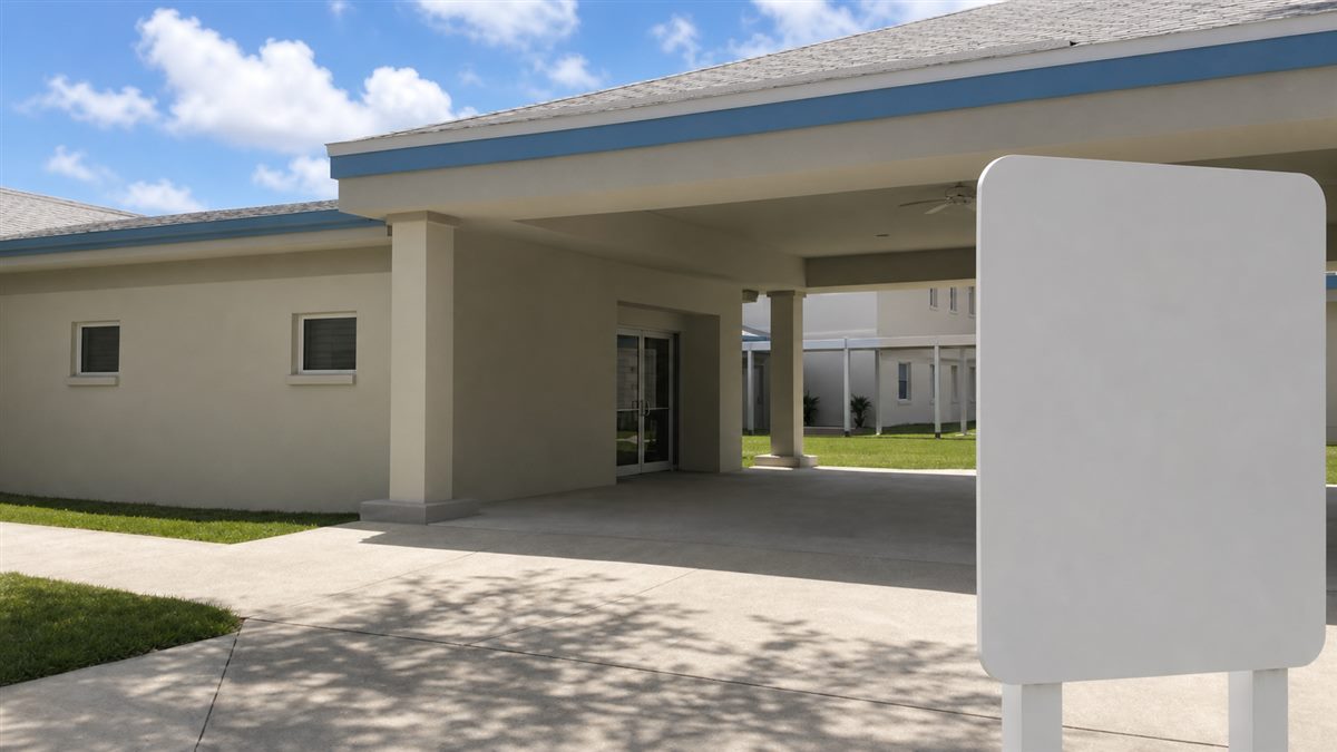 Freshly painted institutional campus entrance and covered walkway