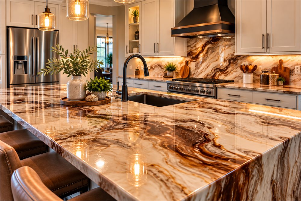Warm marble inspired epoxy kitchen countertop Cream and brown marble inspired epoxy kitchen island and countertops in a Palm Coast home