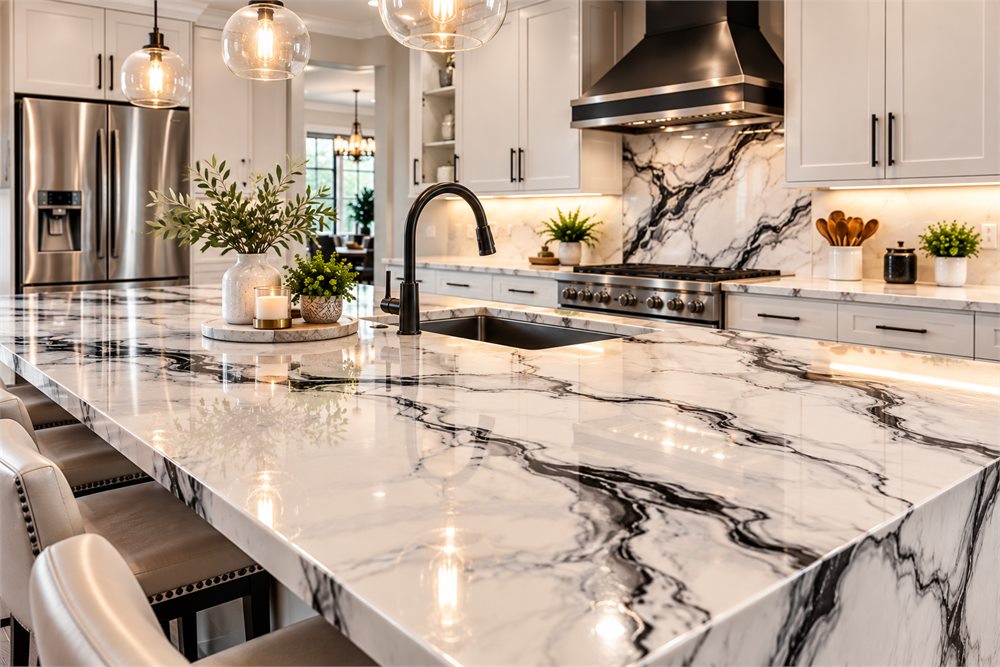 White epoxy countertop with black stone inspired veining White kitchen countertop with dramatic black marble style epoxy veining