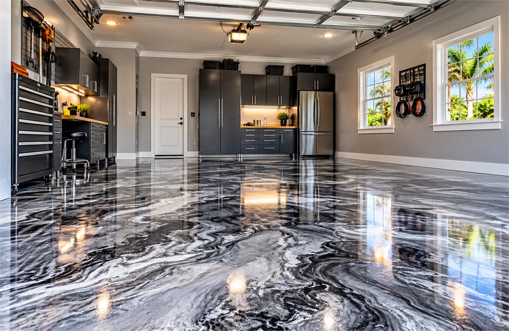 Black, gray and white metallic epoxy garage floor Black, gray and white metallic epoxy garage floor in a finished residential garage
