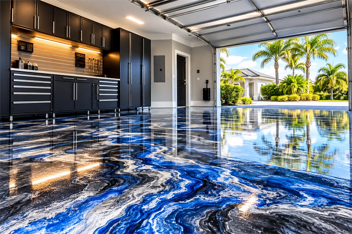 Metallic epoxy garage floor by Campbell Paint Company Glossy blue metallic epoxy garage floor in a finished Florida garage